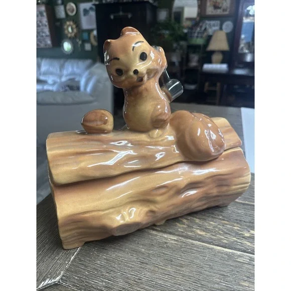 Vintage MCM Brush McCoy Squirrel & Nut On A Log Cookie Jar Mid Century - Picture 2 of 12